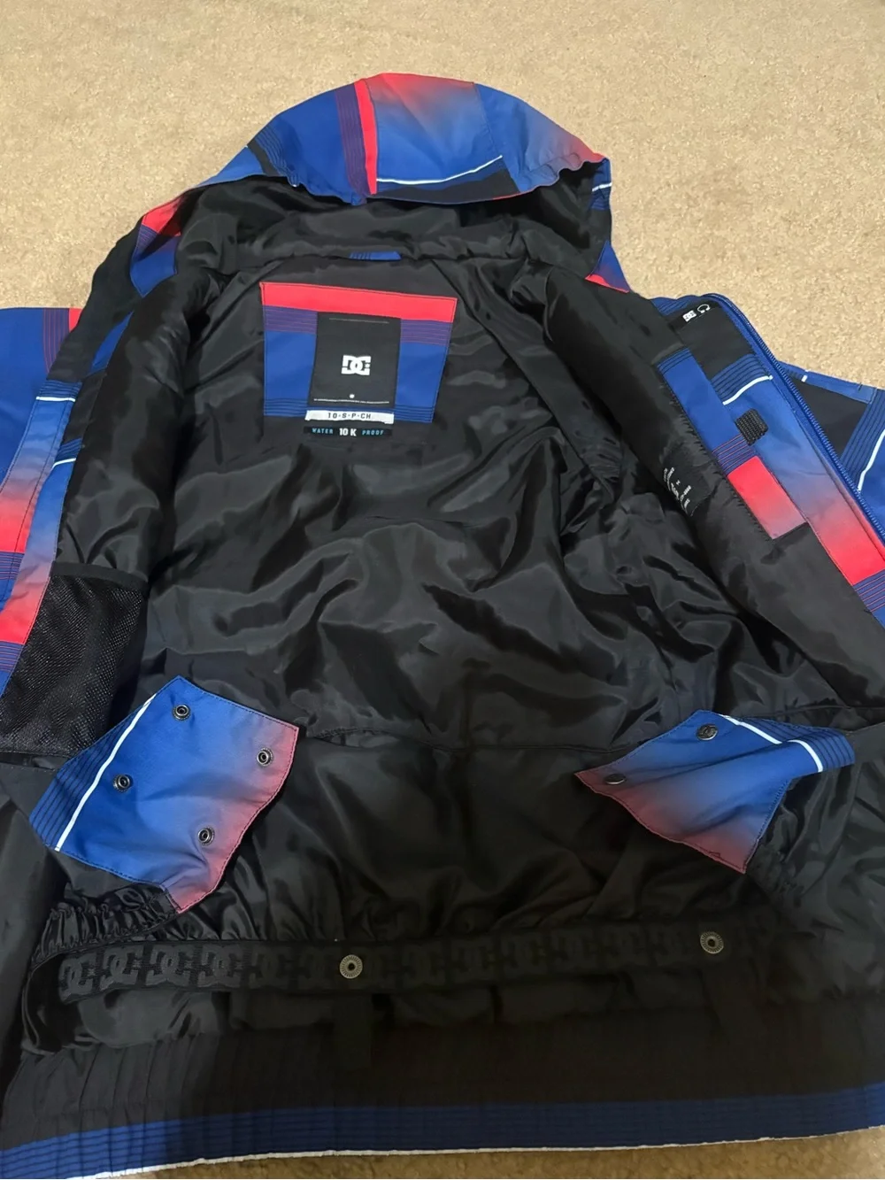 DC Hooded Puffer Jacket in Blue, Red & Black